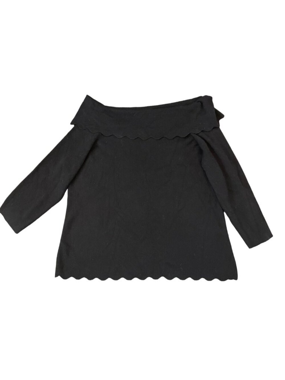 Cable & Gauge Black Off Shoulder Scalloped Hem Long Sleeve Knit Sweater Top Sz L